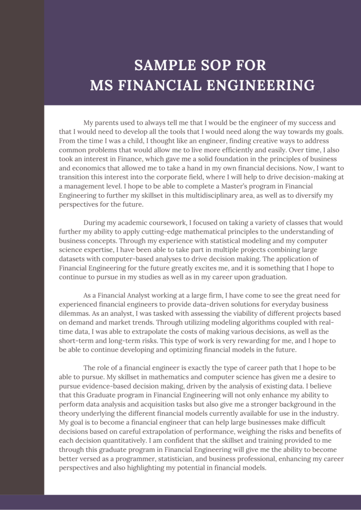 sample sop for ms financial engineering