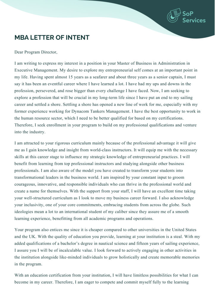 mba letter of intent sample mba letter of intent sample